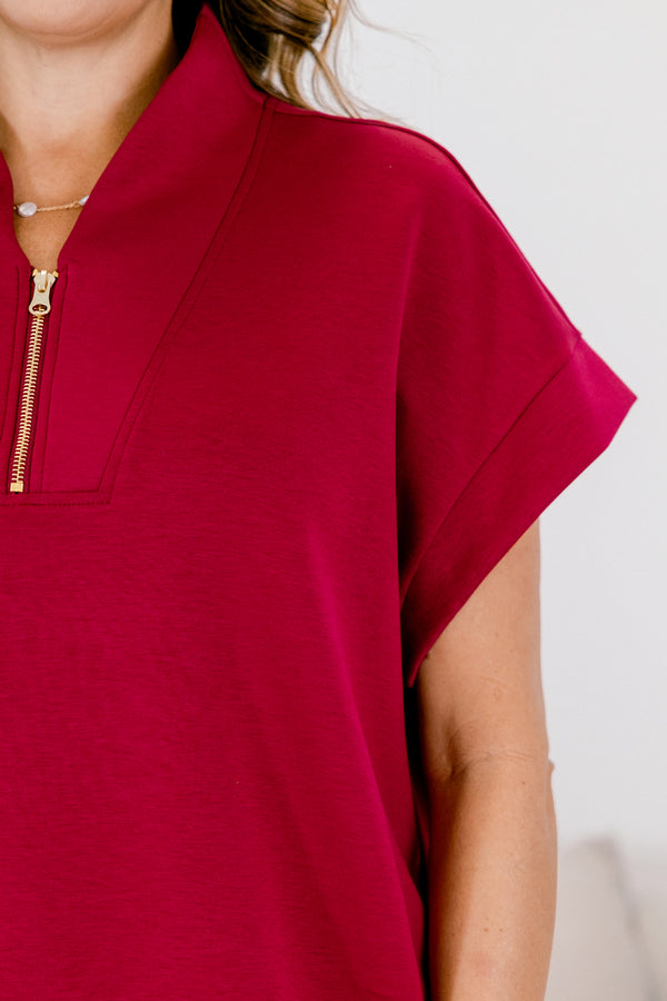 Chic Soul plus size clothing, cabernet red short sleeve quarter zip collared top