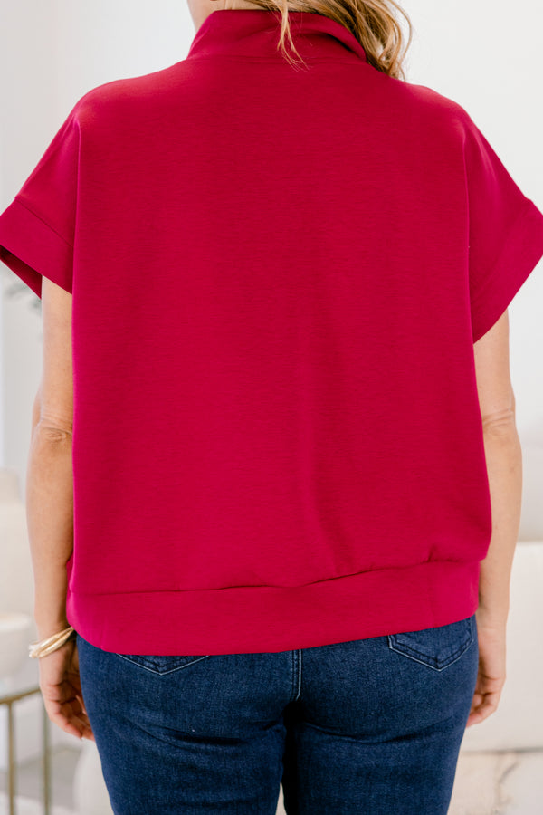 Chic Soul plus size clothing, cabernet red short sleeve quarter zip collared top