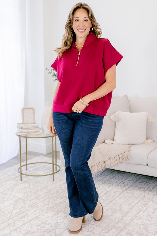 Chic Soul plus size clothing, cabernet red short sleeve quarter zip collared top
