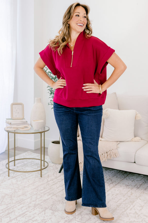 Chic Soul plus size clothing, cabernet red short sleeve quarter zip collared top