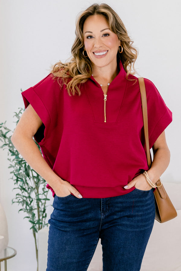 Chic Soul plus size clothing, cabernet red short sleeve quarter zip collared top