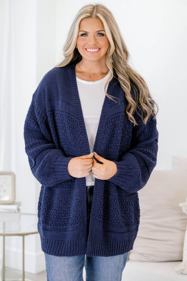 Chic Soul plus size clothing, navy long sleeve fuzzy hip length cardigan 