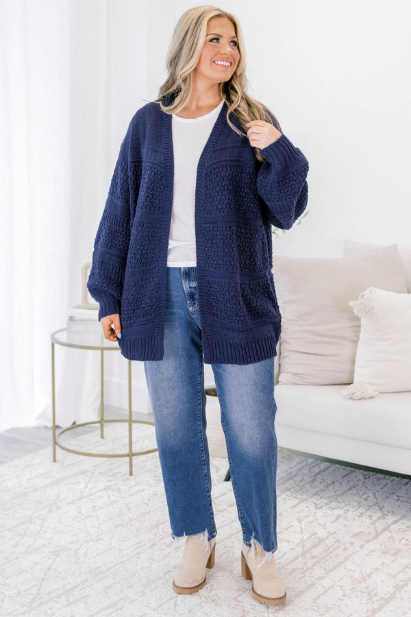 Chic Soul plus size clothing, navy long sleeve fuzzy hip length cardigan 