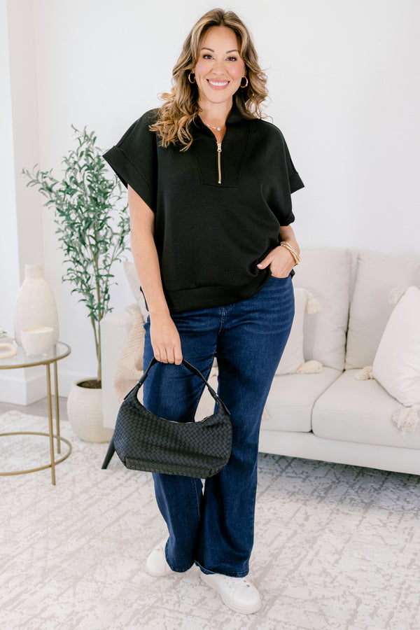 Chic Soul plus size clothing, black short sleeve quarter zip collared top