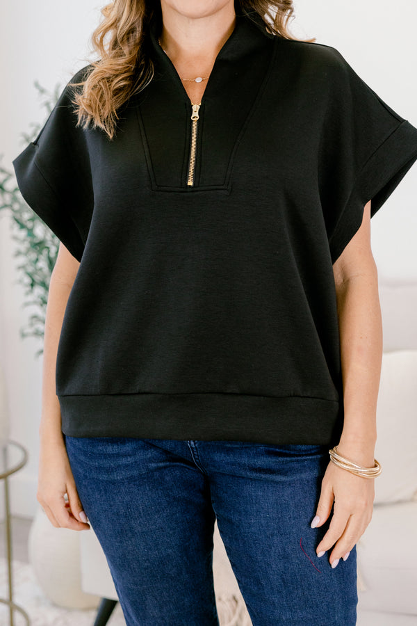 Chic Soul plus size clothing, black short sleeve quarter zip collared top