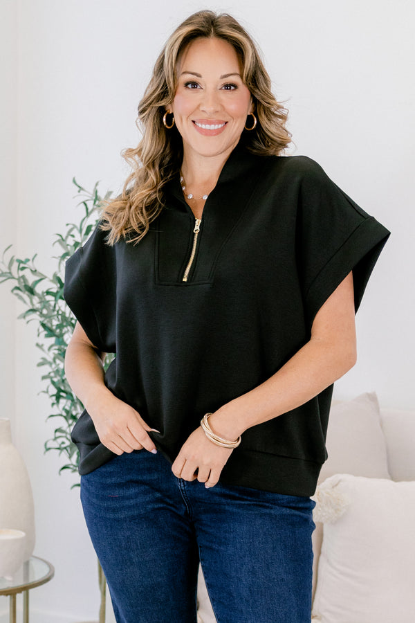 Chic Soul plus size clothing, black short sleeve quarter zip collared top