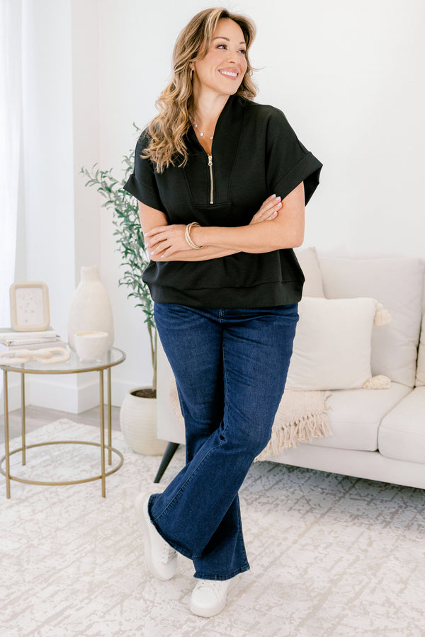 Chic Soul plus size clothing, black short sleeve quarter zip collared top