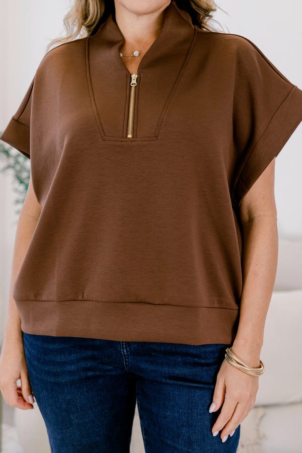 Chic Soul plus size clothing, brown short sleeve quarter zip collared top