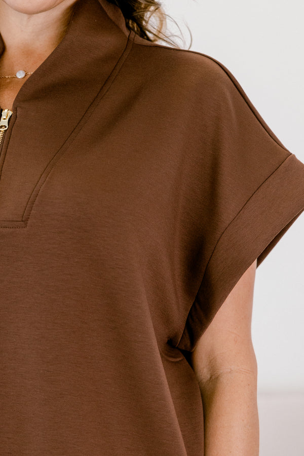 Chic Soul plus size clothing, brown short sleeve quarter zip collared top