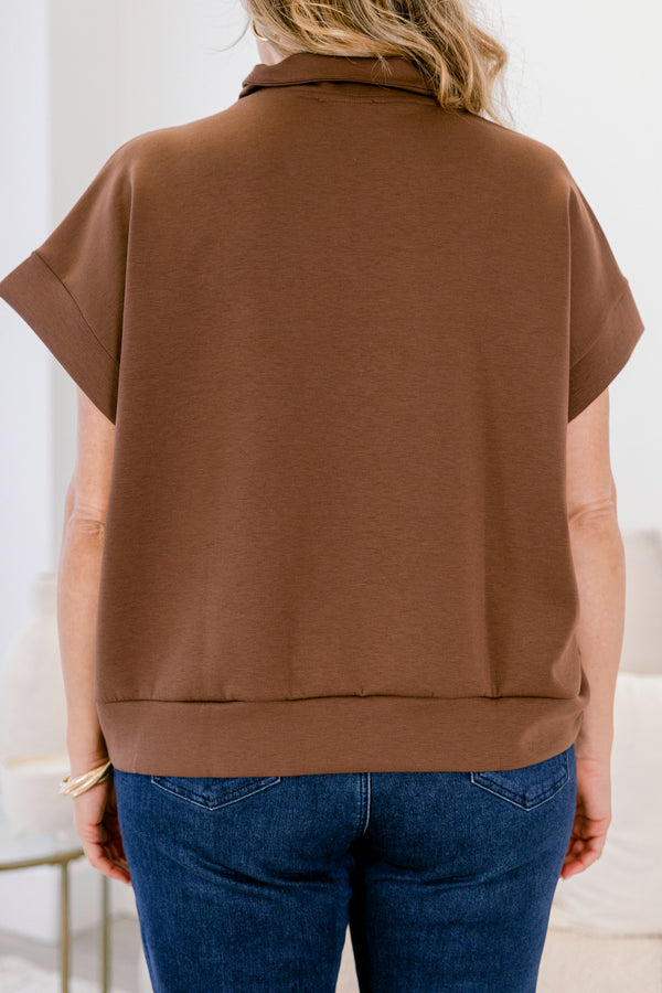 Chic Soul plus size clothing, brown short sleeve quarter zip collared top