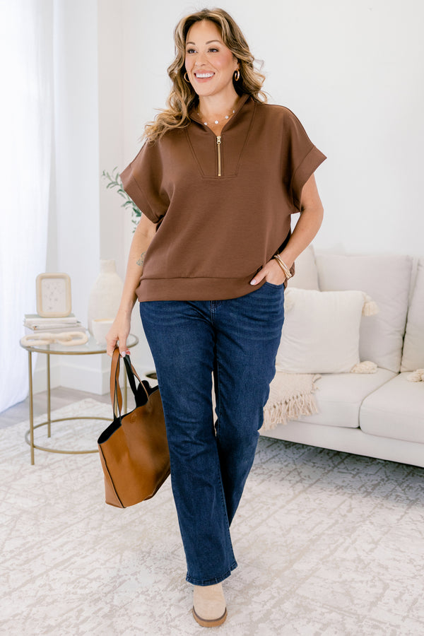 Chic Soul plus size clothing, brown short sleeve quarter zip collared top