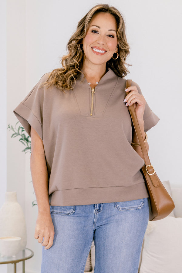 Chic Soul plus size clothing, brown short sleeve quarter zip top