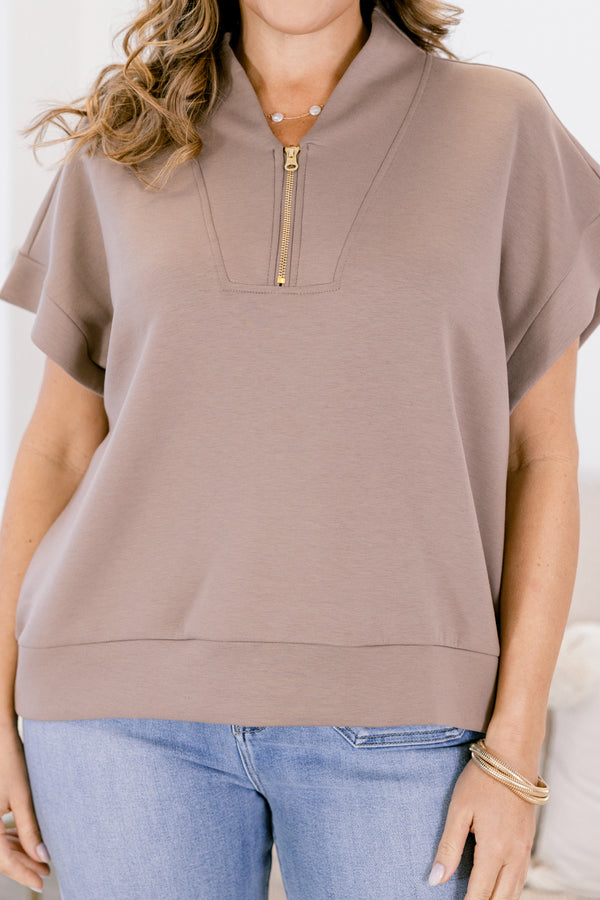 Chic Soul plus size clothing, brown short sleeve quarter zip top
