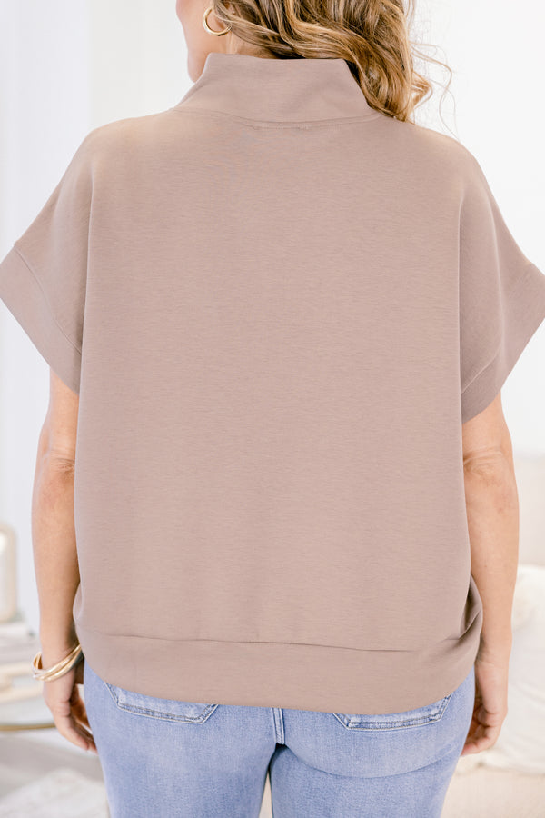 Chic Soul plus size clothing, brown short sleeve quarter zip top