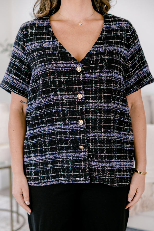 Chic Soul plus size clothing, black and navy tartan plan tweed short sleeve v neck button up top with gold medallion buttons