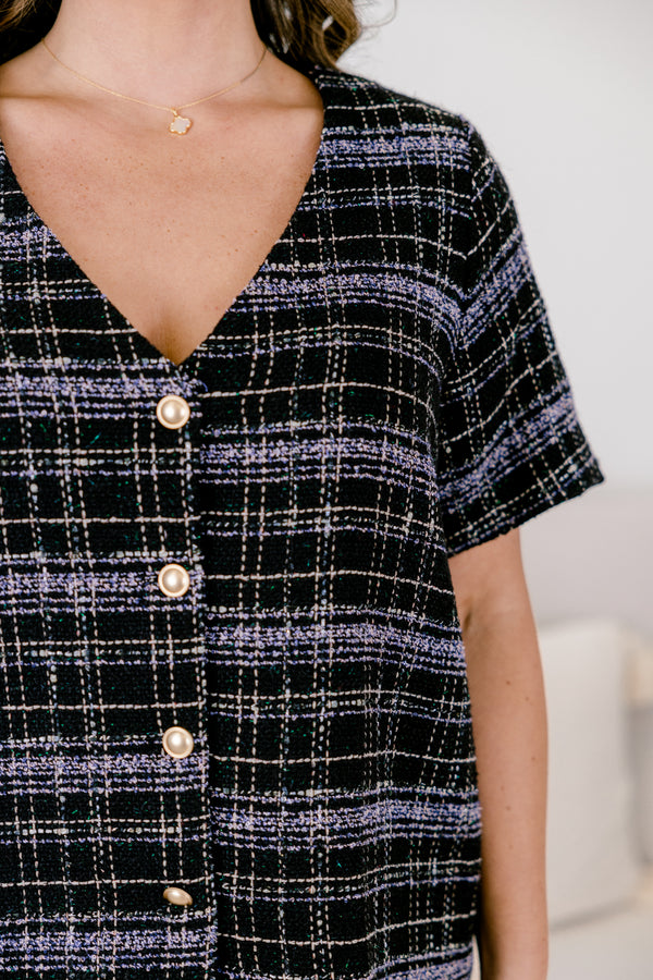 Chic Soul plus size clothing, black and navy tartan plan tweed short sleeve v neck button up top with gold medallion buttons