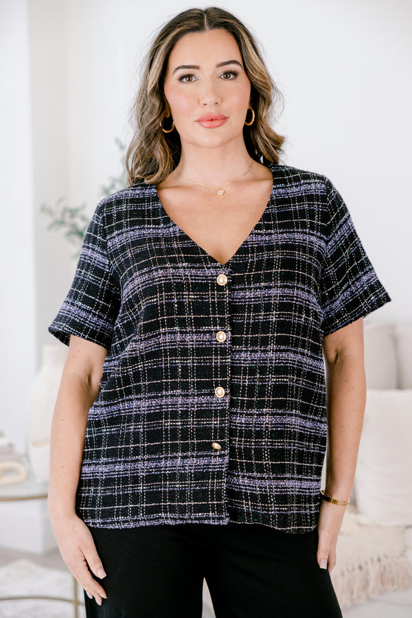 Chic Soul plus size clothing, black and navy tartan plan tweed short sleeve v neck button up top with gold medallion buttons