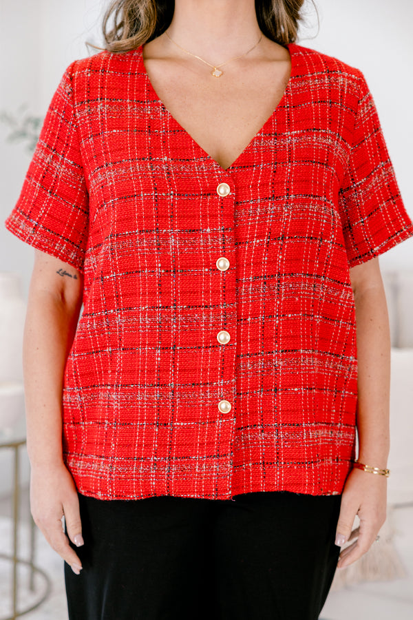 Chic Soul plus size clothing, red tartan plaid tweed short sleeve v neck top with gold buttons down the middle