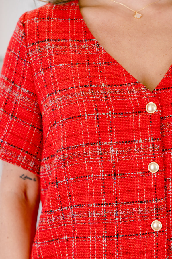 Chic Soul plus size clothing, red tartan plaid tweed short sleeve v neck top with gold buttons down the middle