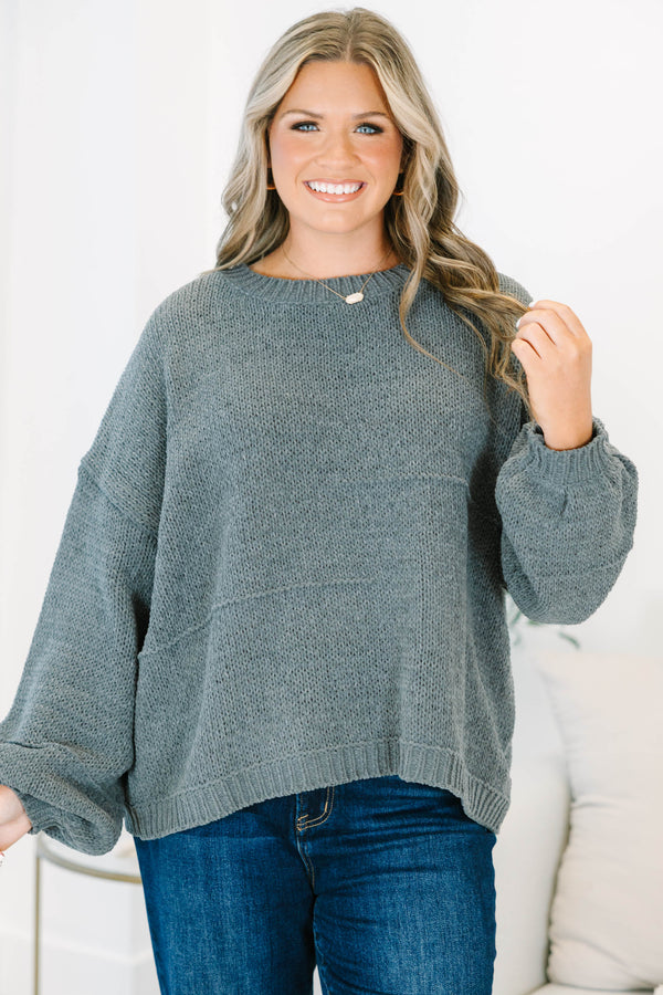 Plus Size charcoal grey oversized knit sweater with a crew neckline and long balloon sleeves.