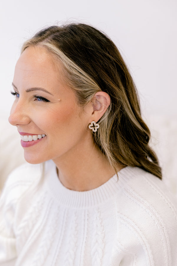 Chic Soul plus size clothing, gold clover shaped statement stud earrings with pearls