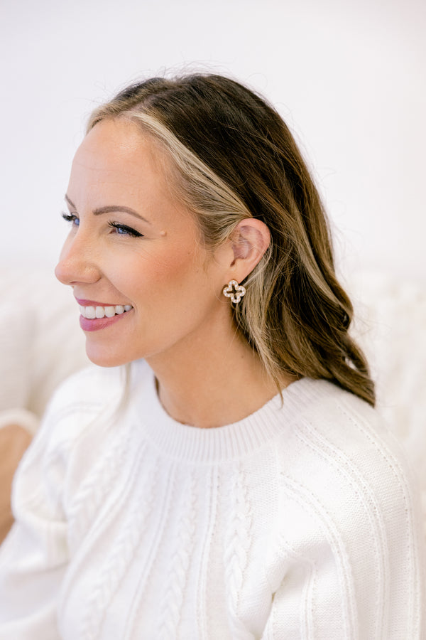 Chic Soul plus size clothing, gold clover shaped statement stud earrings with pearls