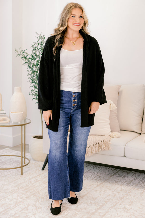 Chic Soul plus size clothing, black long sleeve tie front oversized cardigan 