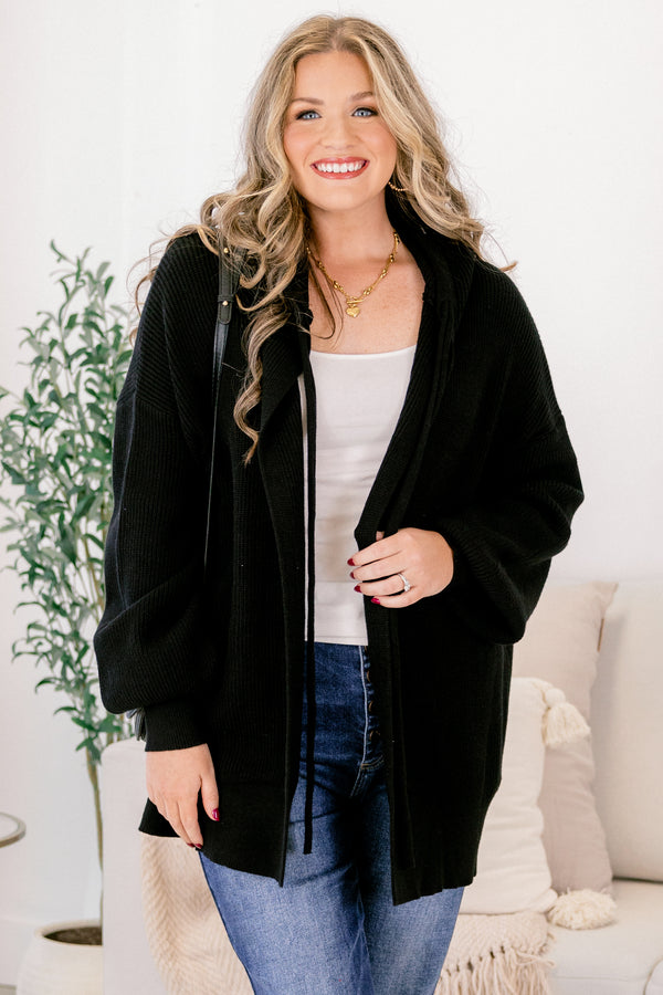 Chic Soul plus size clothing, black long sleeve tie front oversized cardigan 