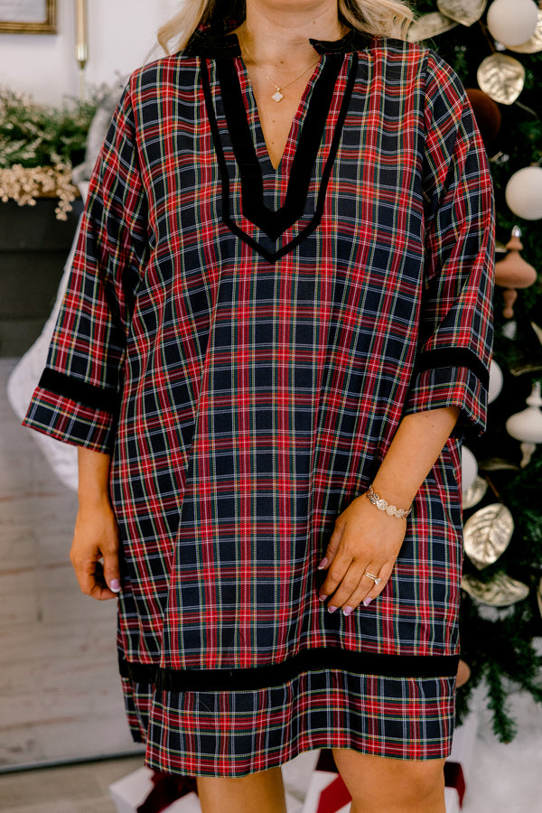 Chic Soul plus size clothing, red and black plaid mid sleeve short dress with black trim along the sleeves, bottom of dress, and v-neckline