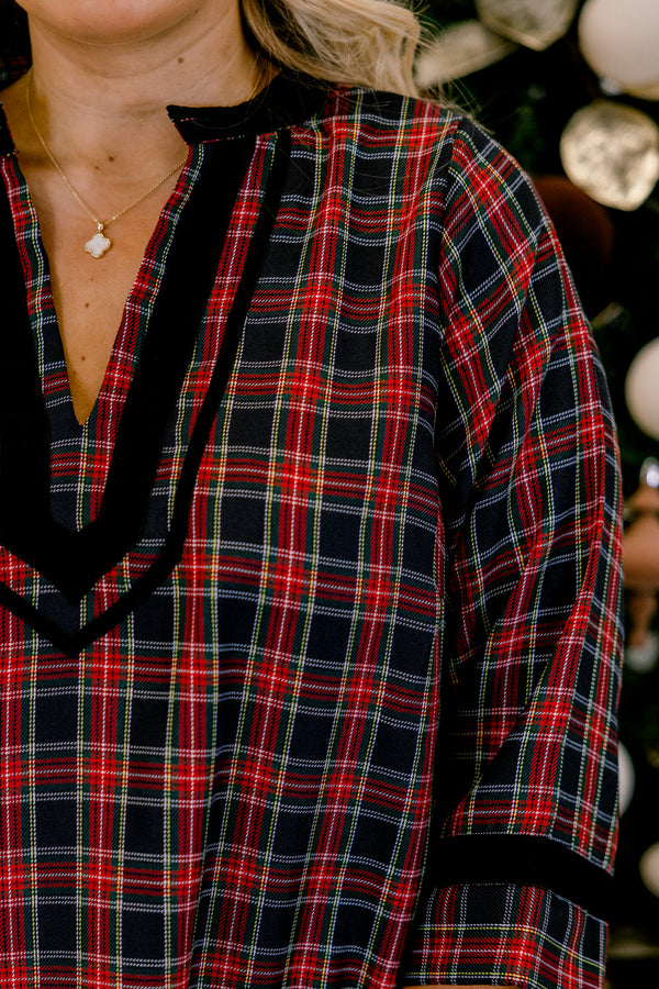 Chic Soul plus size clothing, red and black plaid mid sleeve short dress with black trim along the sleeves, bottom of dress, and v-neckline