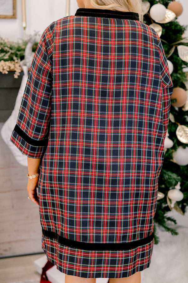 Chic Soul plus size clothing, red and black plaid mid sleeve short dress with black trim along the sleeves, bottom of dress, and v-neckline