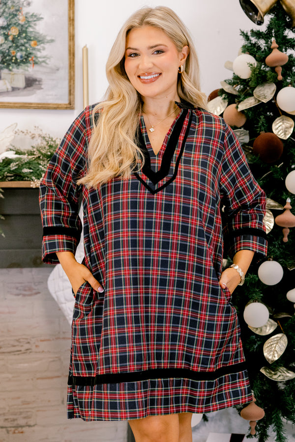 Chic Soul plus size clothing, red and black plaid mid sleeve short dress with black trim along the sleeves, bottom of dress, and v-neckline