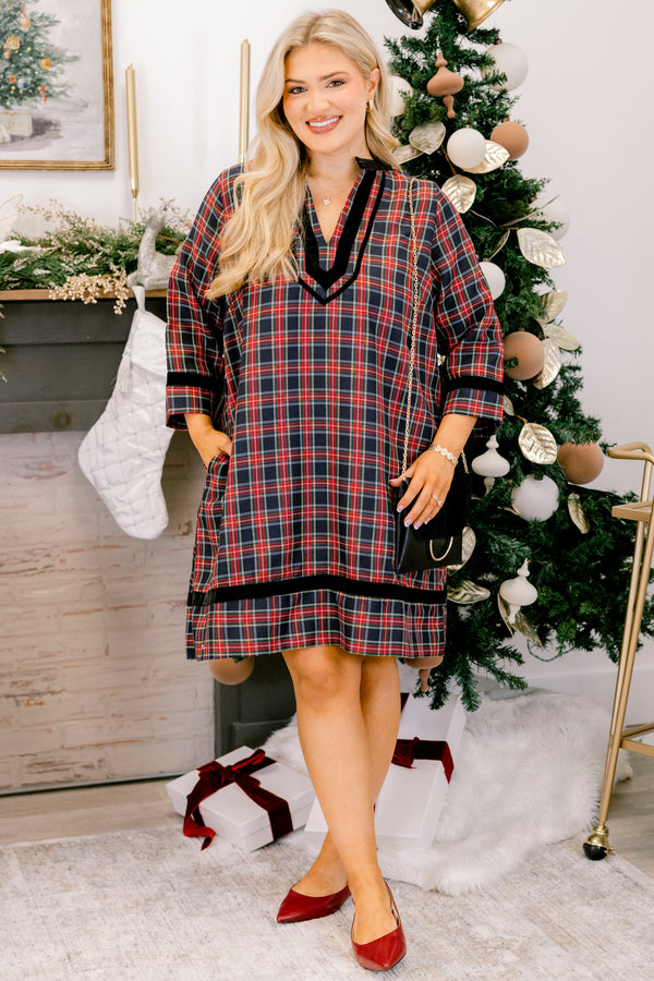 Chic Soul plus size clothing, red and black plaid mid sleeve short dress with black trim along the sleeves, bottom of dress, and v-neckline