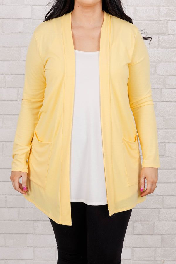 Chic Soul plus size clothing, Dusty Banana color open front cardigan with front pockets