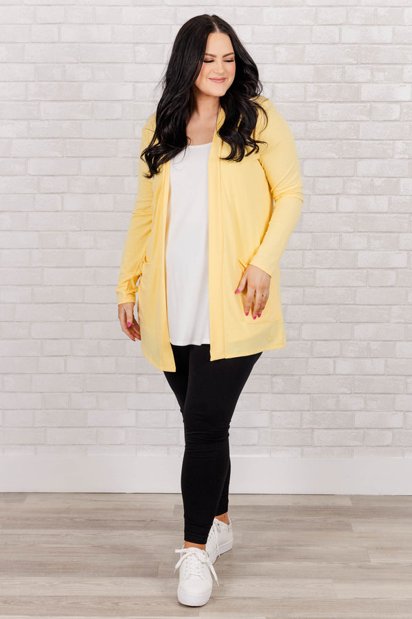 Chic Soul plus size clothing, Dusty Banana color open front cardigan with front pockets