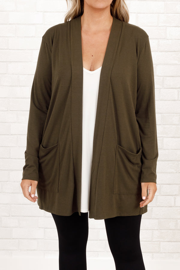 Chic Soul plus size clothing, dark olive cardigan with pockets