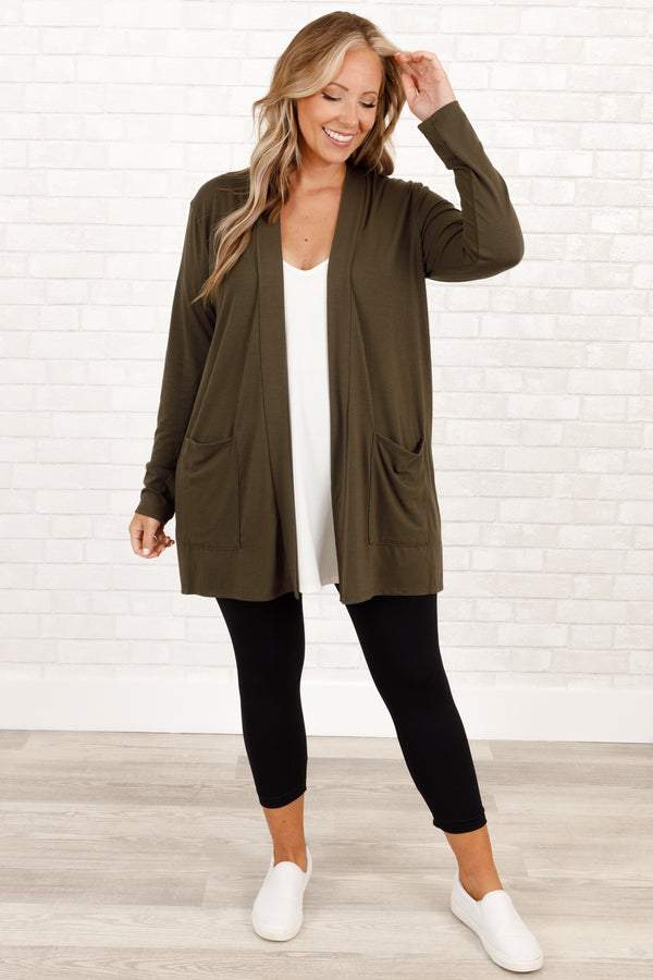 Chic Soul plus size clothing, dark olive cardigan with pockets