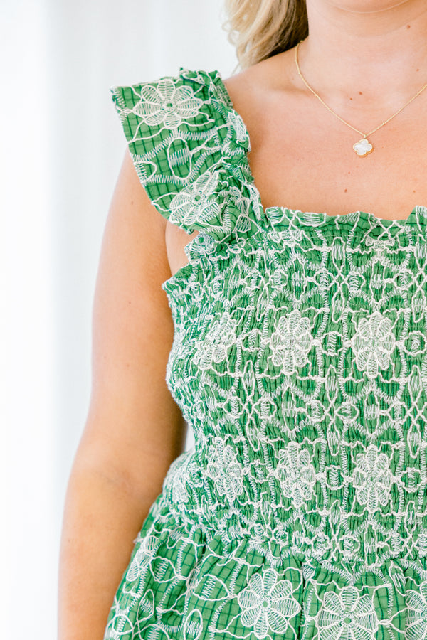 Chic Soul Plus size clothing, Green embroidered tank, with a ruffles on sleeves 