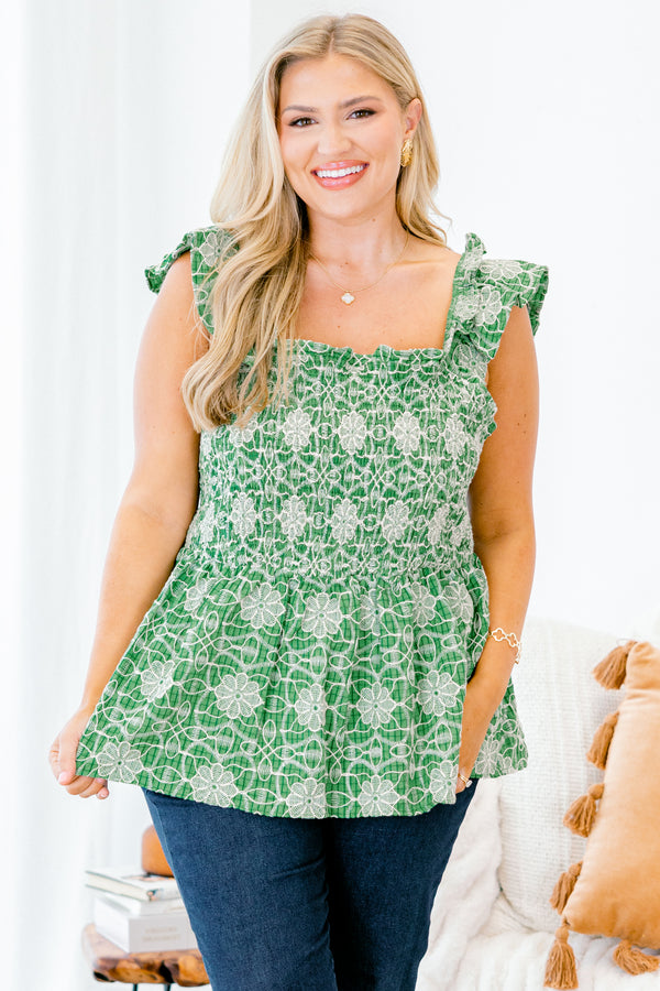 Chic Soul Plus size clothing, Green embroidered tank, with a ruffles on sleeves 