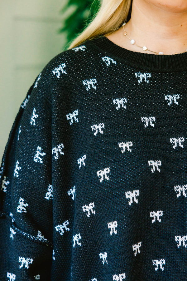 Chic Soul plus size clothing, black long sleeve crewneck sweater with white bow print