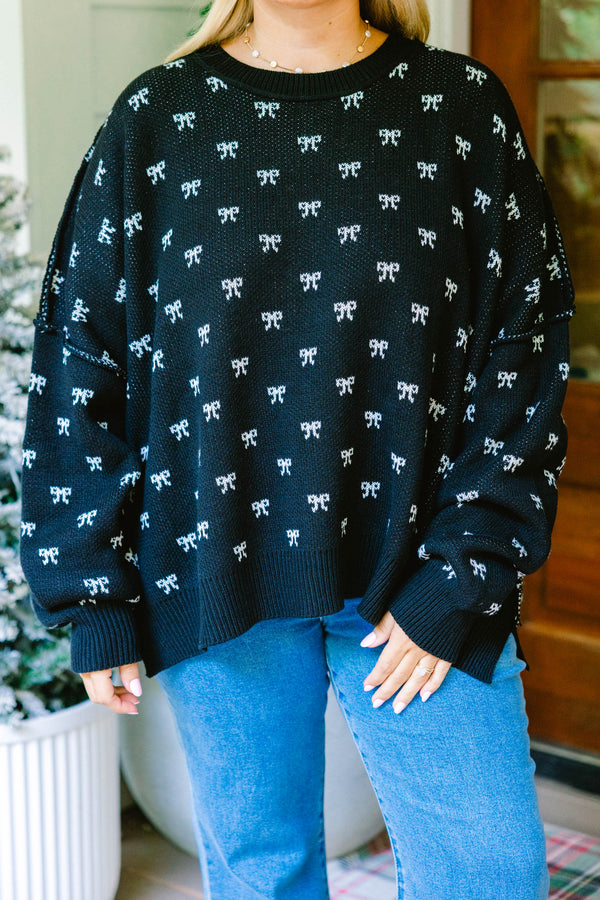 Chic Soul plus size clothing, black long sleeve crewneck sweater with white bow print