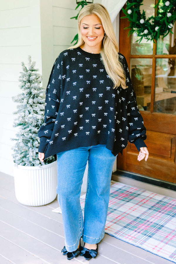 Chic Soul plus size clothing, black long sleeve crewneck sweater with white bow print