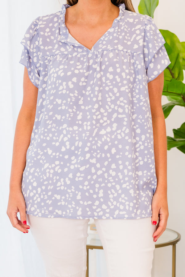 Chic Soul plus size clothing, short sleeve blue top with v-neckline and ruffled sleeves with white spotted pattern