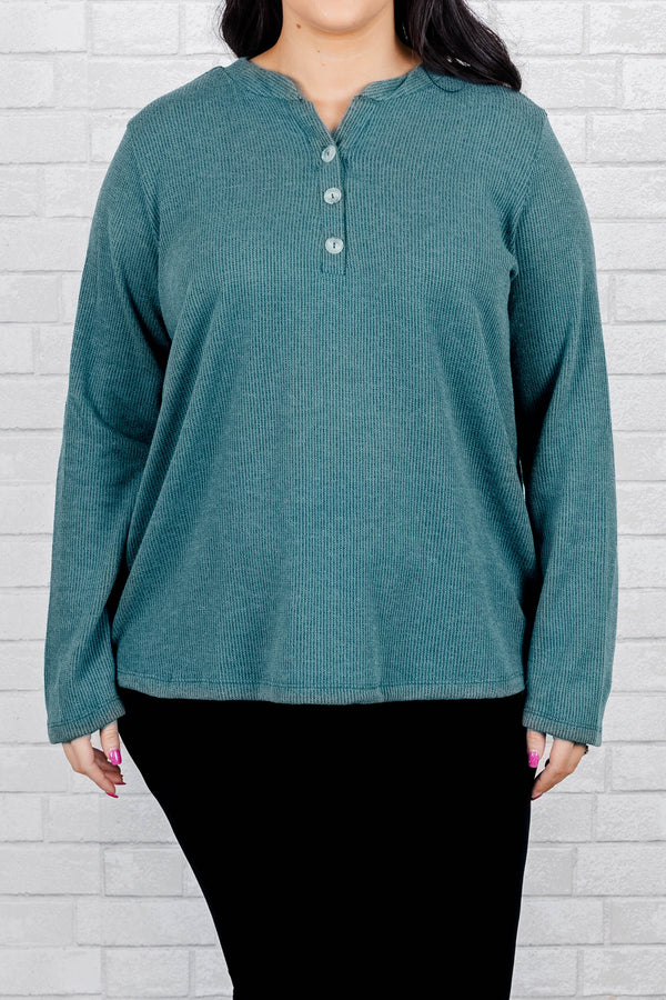 Chic Soul plus size clothing, dusty teal long sleeves sweater with buttons