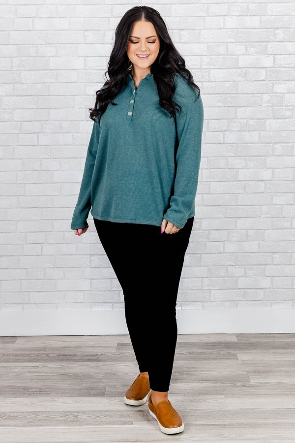 Chic Soul plus size clothing, dusty teal long sleeves sweater with buttons