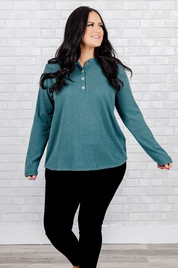 Chic Soul plus size clothing, dusty teal long sleeves sweater with buttons