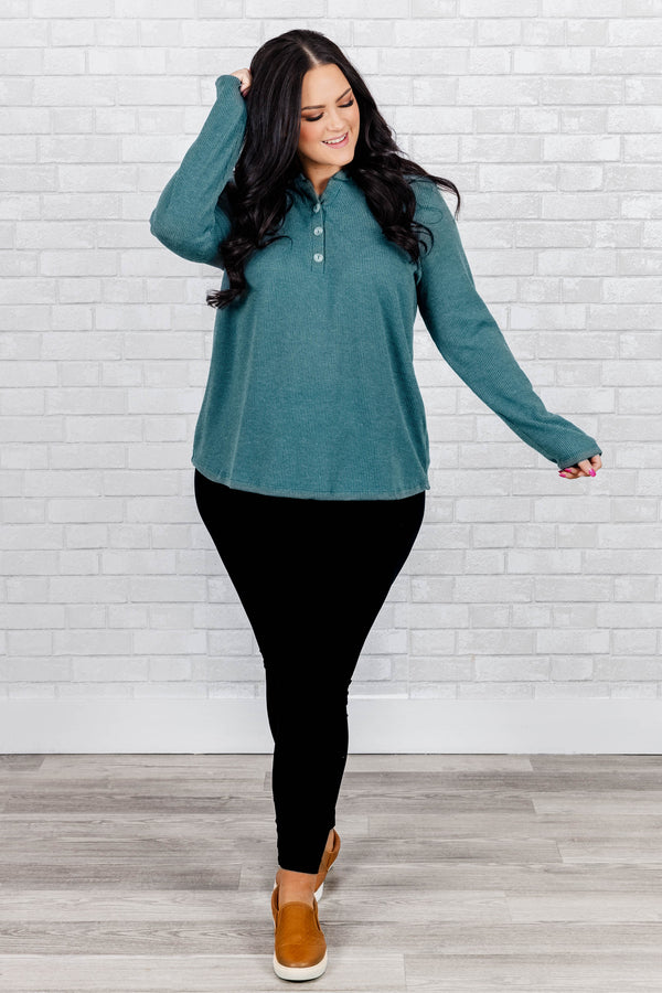 Chic Soul plus size clothing, dusty teal long sleeves sweater with buttons