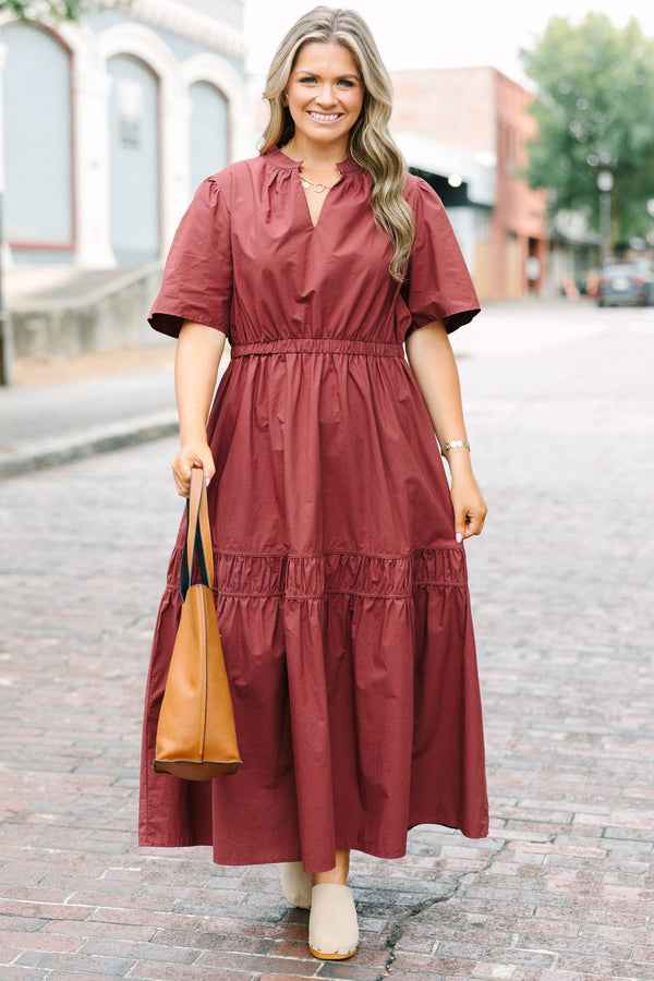 Plus Size brown cotton poplin maxi dress with short sleeves, a V-neckline, and a tiered skirt.