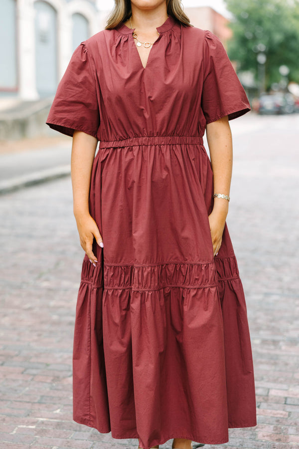 Plus Size brown cotton poplin maxi dress with short sleeves, a V-neckline, and a tiered skirt.