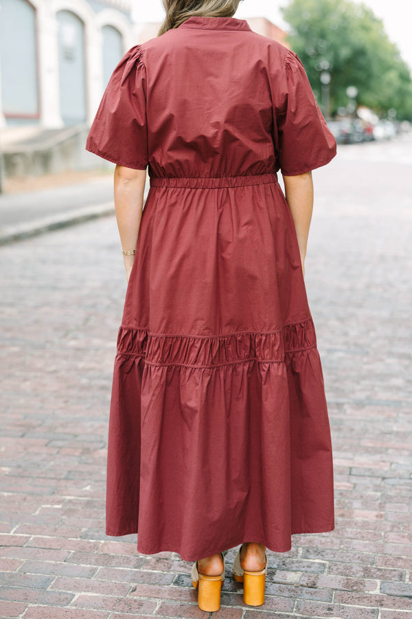 Plus Size brown cotton poplin maxi dress with short sleeves, a V-neckline, and a tiered skirt.